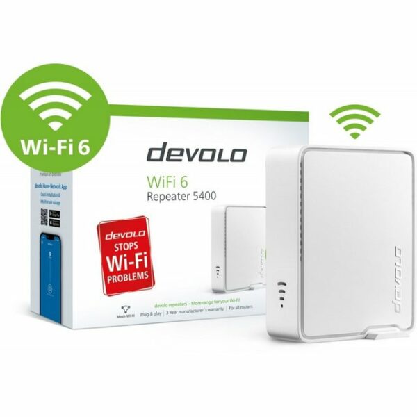 devolo WiFi 6 Repeater 5400 - WLAN RepeaterDer devolo WiFi 6 Repeater 5.400 bringt Ihr WLAN zu Hause im Handumdrehen in jede Ecke – und das mit Highspeed-Gewissheit. Ob Surfen mit dem Tablet oder 4K-Streaming auf dem Smart-TV: Die Datenrate von bis zu 5.400 Mbit/s und die große Abdeckung mit modernem Wi-Fi 6-Standard versorgen jedes Endgerät mit einer blitzschnellen Online-Anbindung. Leistungsstarke Antennen ermöglichen besonders viele gleichzeitige Verbindungen ohne Qualitätsverlust – von Home-Office bis Video-Streaming. Und das im Zusammenspiel mit jedem Router! Die Konfiguration ist kinderleicht: Einfach einstecken