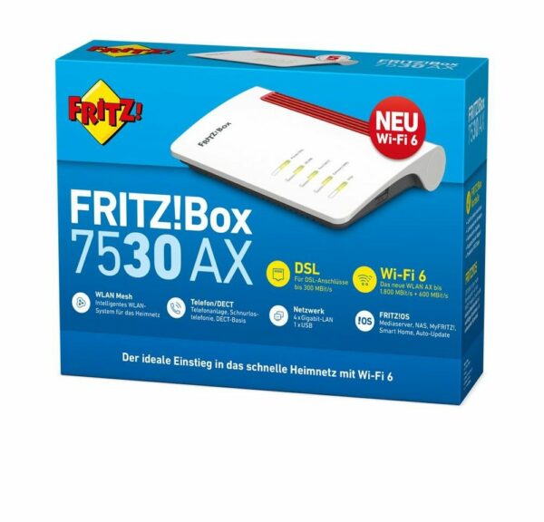 Downloads und Cloud-Anwendungen sind für die FRITZ!Box 7530 AX mit Wi-Fi 6 kein Problem. Ausgestattet mit zukunftssicherem VDSL Supervectoring 35b ermöglicht die FRITZ!Box Internetgeschwindigkeiten von bis zu 300 MBit/s. Gigabit-LAN