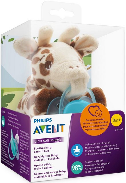 Philips AVENT Schnullerbefestigung SCF348/11, (Set, 2-tlg., Ultraweiches Kuscheltier mit Schnuller), Schnullertier Giraffe