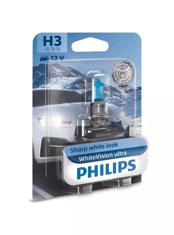 PHILIPS WhiteVision ultra Nennleistung: 55: W Gebindeart: Blisterpack Spannung: 12: V Sockelausführung: PK22s Lampenart: H3: Philips WhiteVision ultra mit der neuesten Beschichtung strahlt beeindruckendes weißes Licht aus. Dies sind die weißesten Halogenlampen aus unserem Portfolio mit Straßenzulassung und die perfekte Wahl