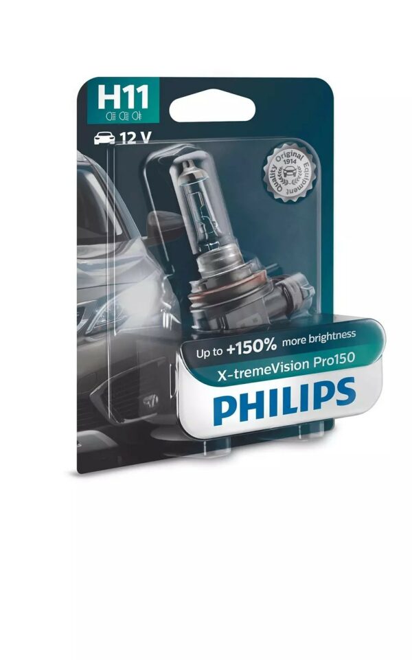 PHILIPS H11 X-tremeVision Pro150 Nennleistung: 55: W Gebindeart: Blisterpack Spannung: 12: V Lampenart: H11 Sockelausführung: PGJ19-2: Die Philips X-tremeVision Pro150 Hochleistungsscheinwerfer kombinieren eindrucksvolle Helligkeit und Lebensdauer