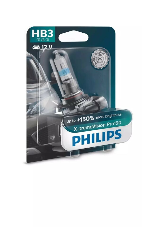 PHILIPS HB3 X-tremeVision Pro150 Die Philips X-tremeVision Pro150 Hochleistungsscheinwerfer kombinieren eindrucksvolle Helligkeit und Lebensdauer