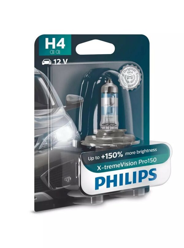 PHILIPS H4 X-tremeVision Pro150 Gebindeart: Blisterpack Spannung: 12: V Nennleistung: 60/55: W Sockelausführung: P43t-38 Lampenart: H4: Die Philips X-tremeVision Pro150 Hochleistungsscheinwerfer kombinieren eindrucksvolle Helligkeit und Lebensdauer