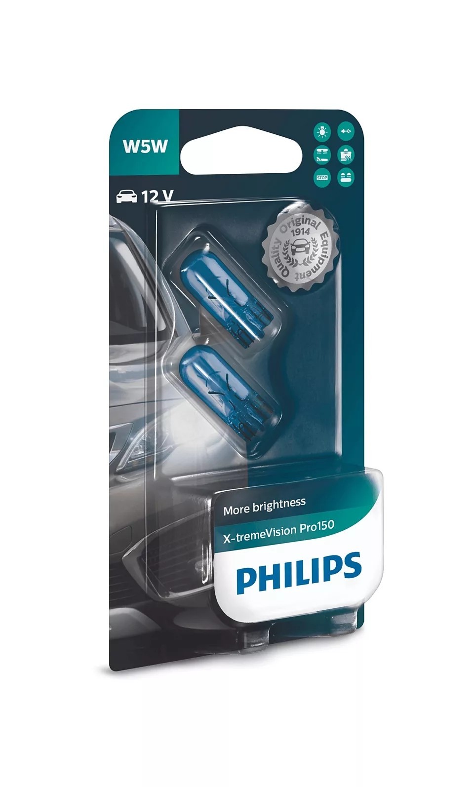 PHILIPS W5W X-tremeVision Pro150 Gebindeart: Blisterpack Lampenart: Glassockellampe Spannung: 12: V Nennleistung: 5: W Sockelausführung: W2