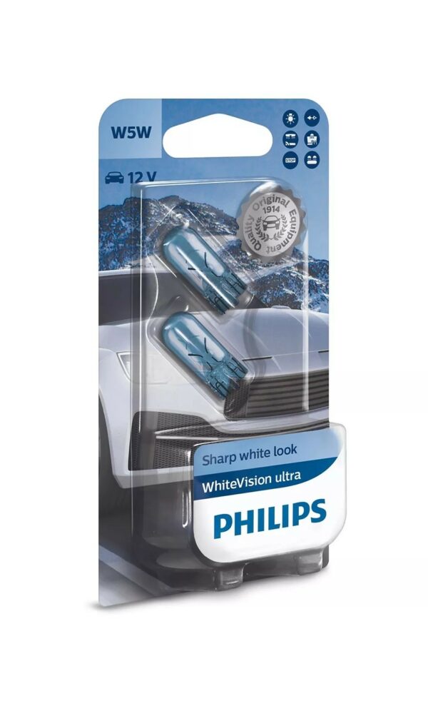 PHILIPS W5W WhiteVision ultra Gebindeart: Blisterpack Lampenart: Glassockellampe Spannung: 12: V Nennleistung: 5: W Sockelausführung: W2