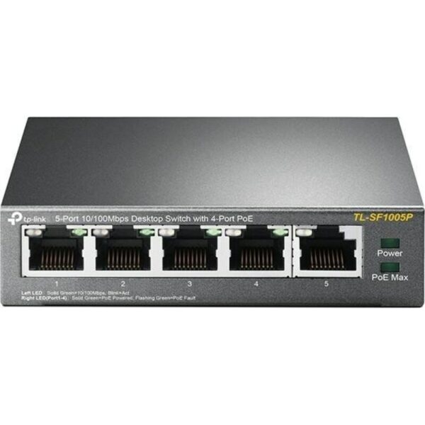 • 5-Port Fast Ethernet PoE Switch • 5x 10/100Mbit/s-RJ45-Ports mit Autoabstimmung und Auto-MDI/MDIX • PoE-Ports: Ports 1 bis 4 • Maximale Gesamtleistung: 58W • Store-and-Forward