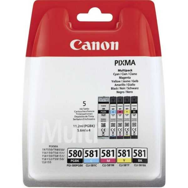 • Canon PGI580 / CLI581 Tintenpatrone Multipack (2078C005) • Farbe: Fotoschwarz / Schwarz / Cyan / Magenta / Gelb • Reichweite: ca. 200 Seiten (PGBK + C/M/Y) - ca. 750 Seiten (BK) • Kompatibel zu: PIXMA TS6150 / TS6151 / TS8150 / TS8151 / TS8152 • TS9150 / TS9155 / TR7550 / TR8550