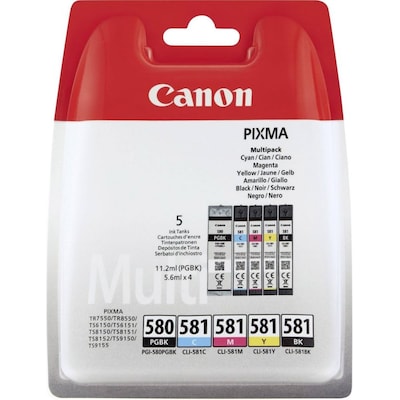 • Canon PGI580 / CLI581 Tintenpatrone Multipack (2078C005) • Farbe: Fotoschwarz / Schwarz / Cyan / Magenta / Gelb • Reichweite: ca. 200 Seiten (PGBK + C/M/Y) - ca. 750 Seiten (BK) • Kompatibel zu: PIXMA TS6150 / TS6151 / TS8150 / TS8151 / TS8152 • TS9150 / TS9155 / TR7550 / TR8550