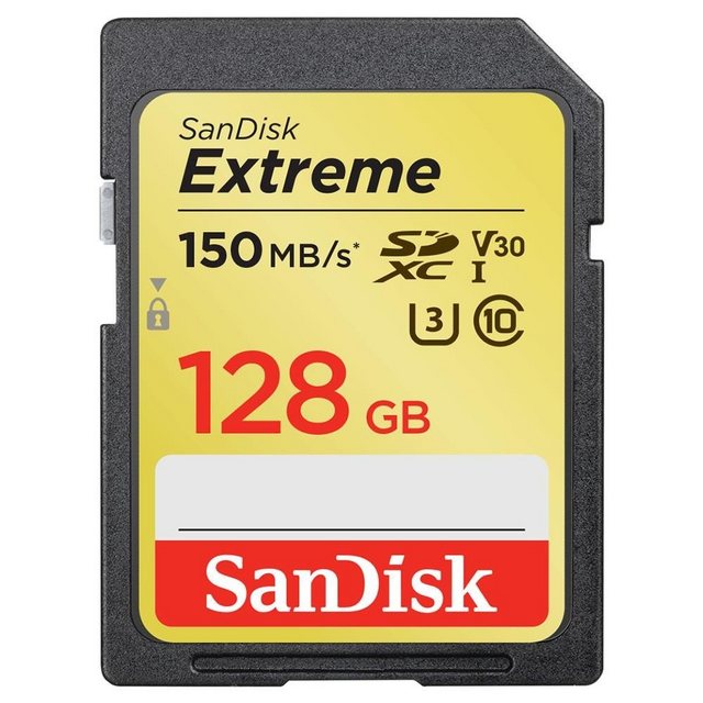 SanDisk Extreme SDXC 128 GB Video Speed Class V30 UHS Speed Class U3 UHS-IHighlightsSpeicherkarten-Typ: SDXC-CardSpeicherkapazität: 128 GBGeschwindigkeit: UHS Class 3