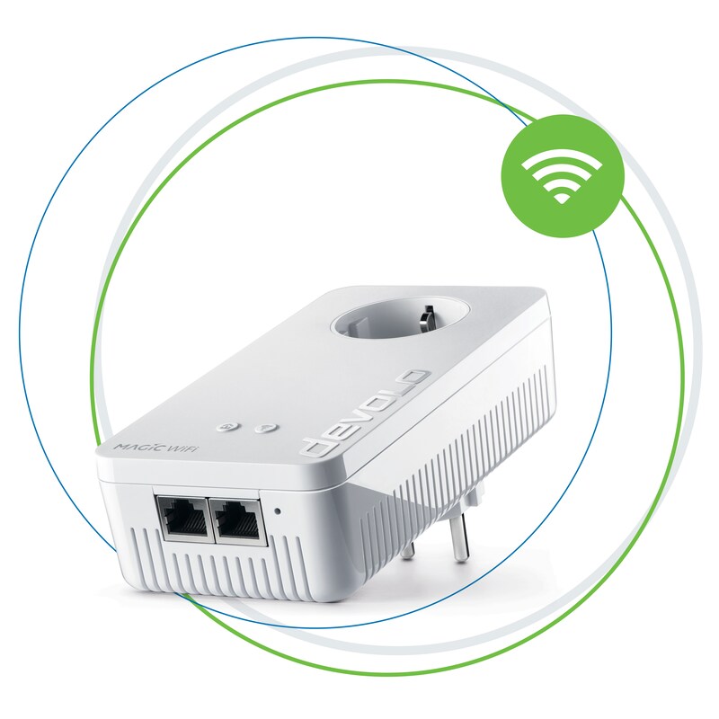 • Schnell. Schneller. devolo Magic 2 WiFi 6! • Simultanes Senden und Empfangen in rasanter Geschwindigkeit • Mesh-WLAN für alle - zeitgleich und im ganzen Zuhause • 3 Jahre Garantie