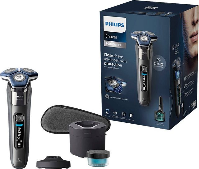 Philips Elektrorasierer Shaver Series 7000 S7887/55, Reinigungsstation, ausklappbarer Präzisionstrimmer, 1 Reinigungskartusche, Etui, Ladestand, mit SkinIQ Technologie