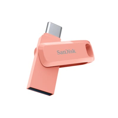 • 512 GB (2-in1 USB Type-C™ und Type-A) • Farbe: Peach Rosa • Geschwindigkeiten von bis zu 150 MB/s • Daten sichern mit der SanDisk Memory Zone App (Google Play®) • Drehbares Design zum Schutz der Anschlüsse