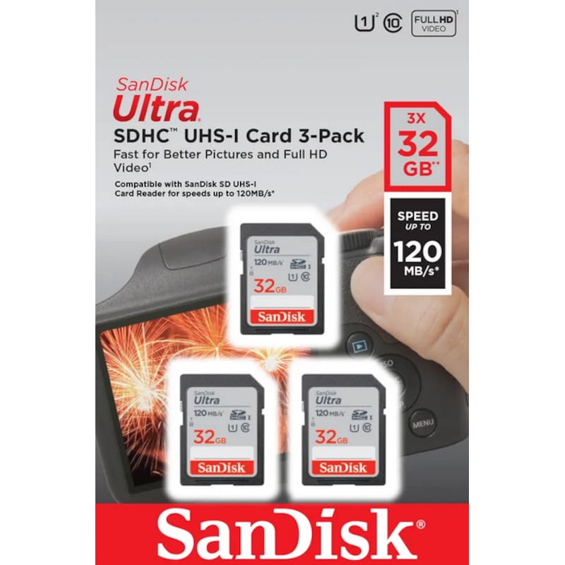 SanDisk Ultra 32 GB SDHC Speicherkarte (120 MB/s, Class 10, UHS-I) 3er Pack