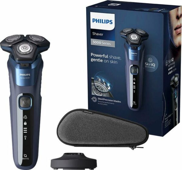 Eine leistungsstarke und bequeme Rasur ermöglicht der Philips Shaver Series 5000 elektrische Nass- und Trockenrasierer mit SkinIQ Technologie S5885/35. Mit seinen selbstschärfenden Hochleistungsklingen erfasst der Rasierer für Herren mehr Haare in einem Zug und sorgt für präzise Ergebnisse. Durch den intelligenten Gesichtshaarsensor