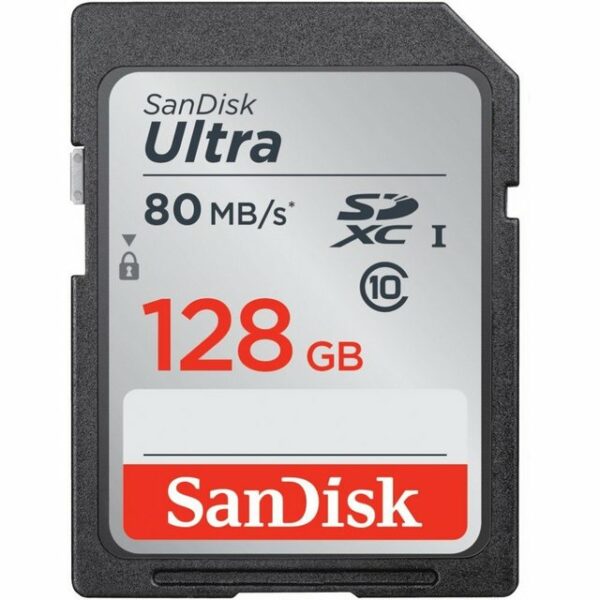 Sandisk SDXC Ultra Class 10 (128GB) SpeicherkarteSpeichern Sie mit SanDisk Speicherkarten viele Fotos und Full HD‐Videos – und übertragen Sie sie schnell auf Ihren Computer. Diese Speicherkarten sind ideal für digitale Kompaktkameras und Camcorder im mi leren Preissegment. SanDisk Ultra Speicherkarten sind beständig gegen Wasser