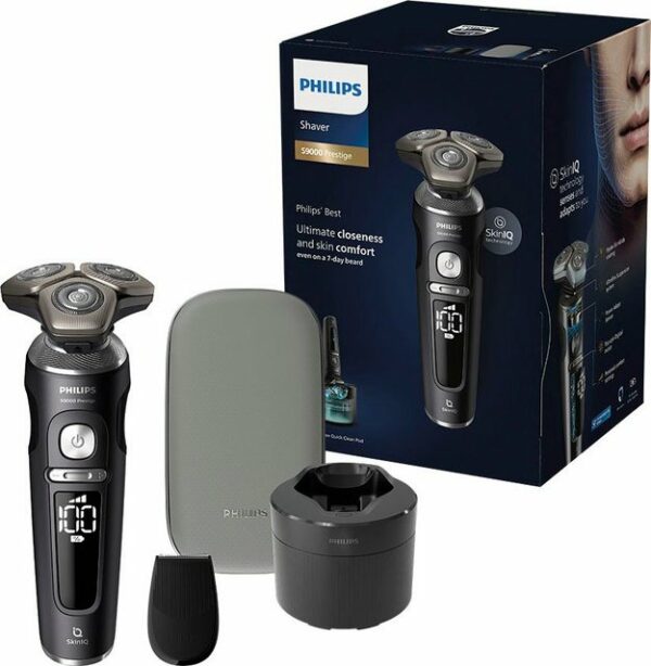 Der Philips Shaver S9000 Prestige elektrischer Nass- und Trockenrasierer SP9840/32 ermöglicht eine gründliche und spürbar angenehme Rasur. Mit seinen langlebigen und selbstschärfenden NanoTech Dual Precision-Klingen sorgt der Rasierer für Herren für glatte Ergebnisse. Für maximalen Hautkomfort ist das Gerät mit einer Hydro SkinGlide-Beschichtung ausgestattet