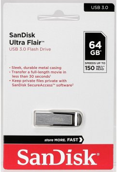 SanDisk Ultra Flair USB 3.0 Flash-LaufwerkEigenschaften:Kapazität: 64 GBSchnittstelle: USB-A 3.0 abwärtskompatibel mit USB 2.0)Sequenzielles Lesen: Bis zu 150 MB/sAbmessungen (L x B x H): 6