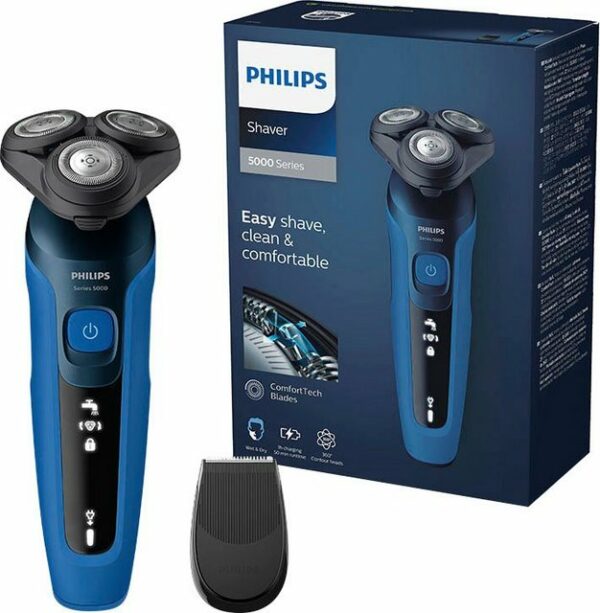 Sorgt für mehr Komfort beim Rasieren: Der Philips Shaver Series 5000 elektrische Nass- und Trockenrasierer S5466/17. Für effiziente und saubere Ergebnisse ist er mit selbstschärfenden ComfortTech-Klingen ausgestattet. Mit seinen 360-Grad-Scherköpfen folgt der Rasierer den Gesichtskonturen und ermöglicht eine hautfreundliche Rasur. Durch seinen ergonomischen Griff liegt er bequem in der Hand und lässt sich leicht sowie intuitiv bedienen. Der hautschonende Präzisionstrimmer eignet sich ideal zum Schneiden von Koteletten sowie zur Pflege des Schnurrbarts. Nach Belieben lässt sich der elektrische Rasierer für Herren für eine angenehme Trocken- oder eine erfrischende Nassrasur verwenden. Erhalten Sie bis zu 50 Minuten kabellose Trimmzeit nach einer vollständigen 1-stündigen Aufladung.