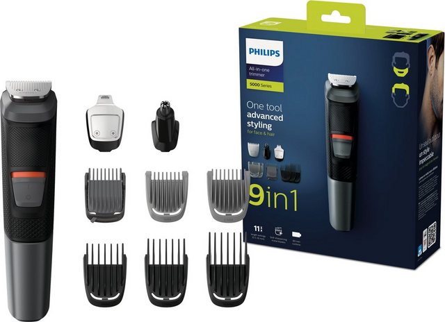 Mit dem 9-in-1-Trimmer MG5720/15 von Philips entsteht mühelos ein individueller Look. Anhand von 6 widerstandsfähigen Kämmen lassen sich Bart und Kopfhaar auf die gewünschte Länge kürzen. Dank der DualCut-Klingen wird eine erstklassige Präzision bei 2 Mal schnellerem Trimmen gewährt. Feine Linien