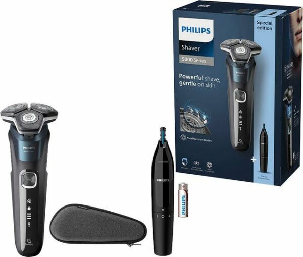 Bietet eine gründliche Rasur und schont die Haut: Der Philips Shaver Series 5000 elektrische Nass- und Trockenrasierer mit SkinIQ Technologie S5889/11. Durch seinen intelligenten Gesichtshaarsensor passt er die Schneideleistung automatisch an und sorgt damit für ein müheloses und sanftes Schneiden. Für leistungsstarke Ergebnisse ist der Rasierer für Herren mit selbstschärfenden Hochleistungsklingen ausgestattet