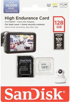 SanDisk microSD-Speicherkarte für LangzeitvideoaufnahmenEigenschaften:Kapazität: 128 GBSequenzielles Lesen: bis zu 100 MB/sSequenzielles Schreiben: bis zu 40 MB/sErfüllt die Klassifizierungen Class 10