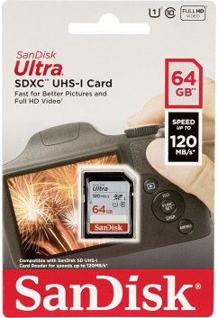 SanDisk Ultra SDXC UHS-I   SD Karte   64GB   120MB/sRobuste SDXC-Karte von SanDisk mit einer Kapazität von 64 GB mit performanter Leistung