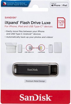 SanDisk iXpand Flash Drive LuxeEigenschaften:Speicherkapazität: 128 GBAnschluss A: USB-CAnschluss B: LightningMaterial: MetallAbmessungen: 8