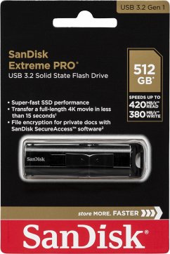 SanDisk Cruzer Extreme PRO 512 GB USB 3.2 Eigenschaften:USB-A 3.2aus robustem Aluminium gefertigtabwärtskompatibel zu USB 2.0 und USB 3.0Kapazität: 512 GBAbmessungen: 11 x 21 x 71 mmFarbe: schwarzHinweis: Dieser Artikel kann nur an eine deutsche Lieferadresse ausgeliefert werden.