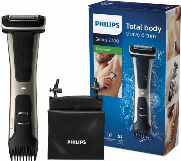 Der Bodygroom Series 7000 BG7025/15 von Philips passt sich dank des 4D Systems ideal den Körperkonturen an und sorgt so für ein gründliches Ergebnis. Dabei sorgen die hautschonenden