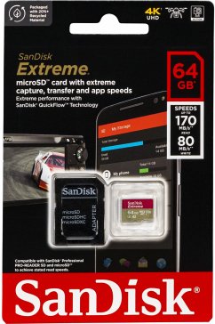 SanDisk microSDXC 64GB Extreme A2 C10 V30 UHS-I U3Leistungsstarke microSDXC-Speicherkarte mit hohen Übertragungsgeschwindigkeiten - ideal für das Aufnahmen von 4K-UHD- oder Full HD-Videos und Fotos mit hoher Auflösung. Entwickelt für einen Einsatz auch unter rauen Bedingungen. Die Speicherkarte ist temperaturbeständig