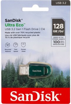 SanDisk Ultra Eco USB 3.2 Flash-LaufwerkEigenschaften:Kapazität: 128 GBSchnittstelle: USB-A 3.2 Gen 1Lesegeschwindigkeiten: bis zu 100 MB/sPraktische integrierte ÖseSoftware RescuePRO Deluxe zur Datenwiederherstellung