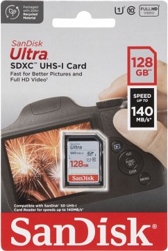 SanDisk Ultra SDXC-UHS-I-KarteEigenschaften:Kapazität: 128 GBSequenzielles Lesen: bis zu 140 MB/sKompatibel mit SDHC-/SDXC- und SDHC-I-/SDXC-I-fähigen GerätenWasserdicht