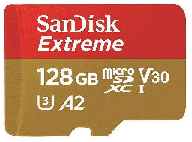 SanDisk Extreme Micro-SDXC Speicherkarte 128 GB UHS-I Class 3 160 MB/s 90 MB/sHighlightsKapazität: 128 GBFlash Card Typ: MicroSDXCLesegeschwindigkeit: 160 MB/sSchreibgeschwindigkeit: 90 MB/sUHS Speed Klasse: Class 3 (U3)Video-Geschwindigkeitsklasse: V30Leistungsklasse der Anwendung: A2Produktfarbe: Gold