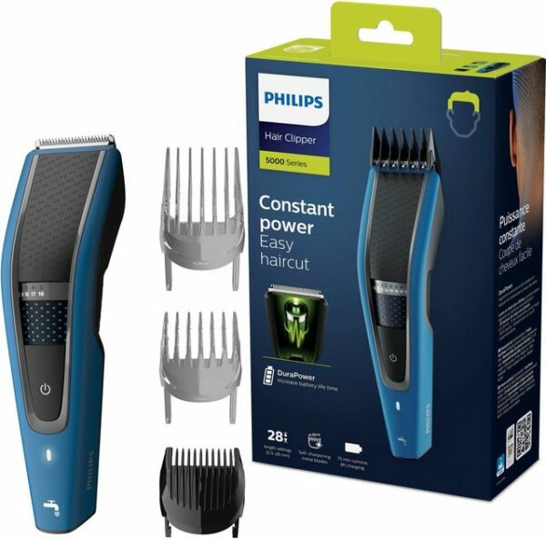 Einen sauberen und schnellen Haarschnitt ermöglicht der abwaschbare Haarschneider HC5612/15 der Series 5000 von Philips. Dank seiner DualCut-Technologie verfügt der Rasierer über ein zweiseitiges Schneidelement