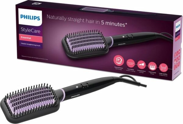 Die Philips StyleCare Essential Glättbürste BHH880/00 sorgt für glattes und glänzendes Haar in nur fünf Minuten. Hierfür ist sie mit einer speziellen Turmalin-Keramikbeschichtung ausgestattet. Um das Haar vor Überhitzung zu schützen