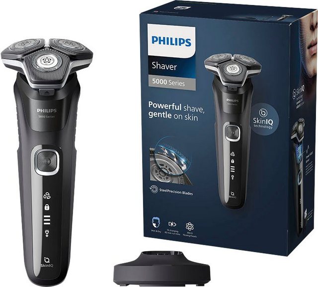 Eine leistungsstarke Rasur bei jedem Durchgang bietet der Philips Shaver Series 5000 elektrische Nass- und Trockenrasierer mit SkinIQ Technologie S5898/25. Mit seinen vollständig flexiblen Scherköpfen folgt der Rasierer für Herren den Gesichtskonturen und bietet einen optimalen Hautkontakt für ein angenehmes Schneiden. Durch ihre Haarführung bringen die Präzisionsscherköpfe das Haar in eine effektive Schnittposition. Ausgestattet ist der Rasierer zudem mit einem intelligenten Gesichtshaarsensor