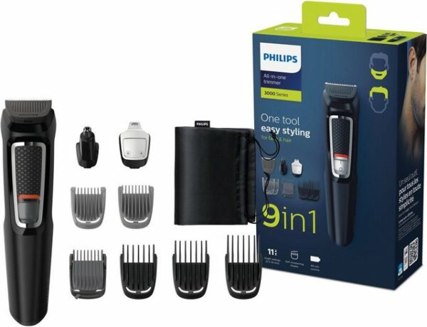 Mit dem Philips Multigroom 9-in-1 Trimmer MG3740/15 lassen sich Bart und Haare nach den individuellen Wünschen stylen. Die selbstschärfenden Edelstahlklingen dieses Trimmers für Gesicht und Körper sind mit Eisen verstärkt und gehärtet