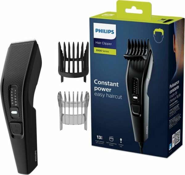 Für einen einfachen und schnellen Haarschnitt: Der Philips Hairclipper HC3510/15 mit DualCut-Technologie und verschiedenen Längeneinstellungen. Dank der selbstschärfenden Klingen schneidet der Rasierer jetzt doppelt so schnell wie früher. Der Haarschneider sorgt für eine effiziente Leistung bei Verwendung mit Kabel. Der spezielle Kamm mit Trim-n-Flow-Technologie verhindert ein Blockieren und sorgt so für eine einfache Bedienung. Mit 13 einstellbaren Schnittlängen kann der Look ganz nach den persönlichen Vorlieben gestaltet werden. Auch ein Bartkamm mit 12 verstellbaren Längen ist im Lieferumfang enthalten. Mithilfe der abnehmbaren Klingen geht auch die Reinigung leicht vonstatten.