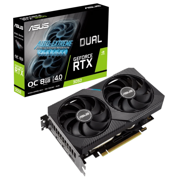 2x Lüfter. 2x Spaß.  Ausgestattet mit der neuesten NVIDIA® Ampere-Architektur vereint die ASUS Dual GeForce RTX™ 3050 dynamische thermale Leistung mit breiter Kompatibilität. Hochentwickelte Kühllösungen von Flaggschiff-Grafikkarten - darunter zwei Axial-T