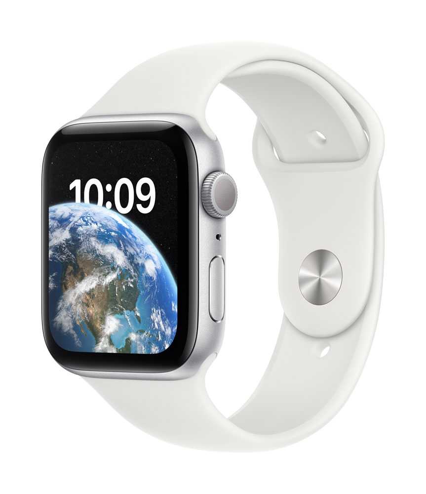 Apple Watch SE (GPS) – 44 mm – Aluminium, Silber – intelligente Uhr mit Sportband – Flouroelastomer – weiß – Bandgröße: regelmäßig – 32GB – Wi-Fi, Bluetooth – 32,9 g (MNK23FD/A)