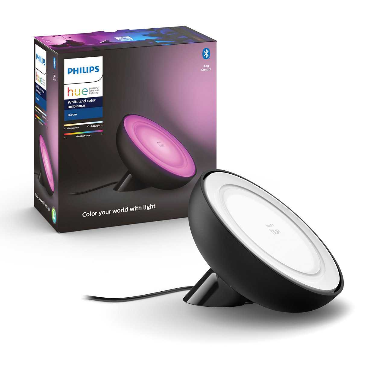 Philips Hue Tischleuchten White & Col. Amb. Bloom Länge 13 Cm Schwarz 1-flammig Rund, Schwarz, Kunststoff, 77112600