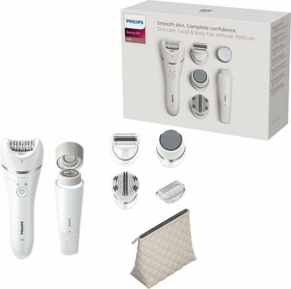 Das Philips 9000 Series Beauty-Set BRE770/92 bietet eine komplette Pflegeroutine von Kopf bis Fuß. Zur Ausstattung gehört ein ergonomischer Epilierer