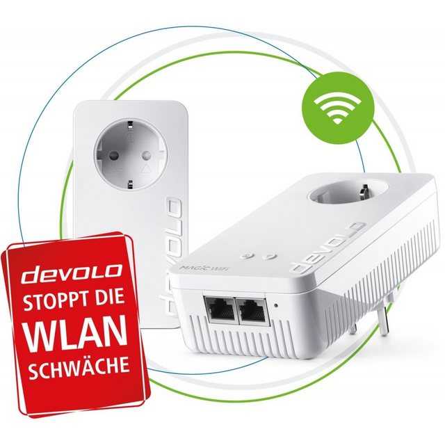 devolo Magic 2 WiFi next Starter KitInternet ohne Tempolimit. Der Magic 2 WiFi next bringt Ihr Internet zu Hause auf ein neues Level. Die volle Leistung Ihres Internetanschlusses wird dank ausgezeichneter Powerline-Technologie mit bis zu 2.400 Mbit/s direkt über die Stromleitung in jeden Raum übertragen. So wird jede Steckdose zum potenziellen Access Point für leistungsstarkes Multiroom-WiFi. Ganz von allein verbinden sich mehrere devolo Magic-Adapter zu einem lückenlosen Mesh-Netzwerk