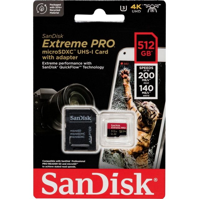 Hersteller: SandiskHerstellernummer: SDSQXCD-512G-GN6MAEAN: 0619659188566Typ: Micro SDXC SpeicherkarteModell: Extreme Pro UHS-I U3 4K V30 A2Menge: 1 StückSpeicherkapazität: 512 GBMaße: 15 mm x 11 mm x 1 mm (LxBxH)Gewicht: ca. 0