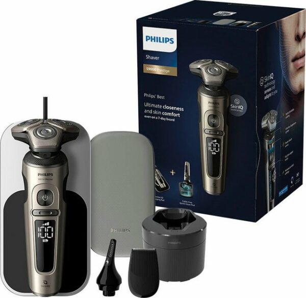 Der Philips Shaver S9000 Prestige elektrischer Nass- und Trockenrasierer SP9883/36 bietet eine gründliche elektrische Rasur und ist angenehm auf der Haut. Seine selbstschärfenden NanoTech Dual Precision-Klingen zähmen jeden Bart und sorgen für ein spürbar glattes Ergebnis. Mit ihrem Ultraflex Federungssystem passen sich die Scherköpfe der Kontur des Gesichts an und erfassen selbst Haare an schwer erreichbaren Stellen. Ausgestattet ist der Rasierer für Herren mit einem Top-Spin-Motor