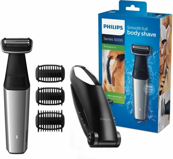 Hautschonend und praktisch ist der Philips Bodygroom BG5020/15. Dank eines extralangen Rückenaufsatzes lassen sich auch schwer erreichbare Körperstellen problemlos rasieren. Mittels der drei Kammaufsätze lassen sich außerdem individuelle Schnittlängen festlegen. Hinzu kommt die einfache Handhabung: ein ergonomischer Griff bietet optimalen Halt. Ebenfalls nützlich ist die Verwendbarkeit unter der Dusche