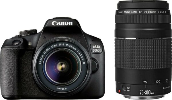 Kurzinfo: Canon EOS 2000D - Digitalkamera - SLR - 24.1 MPix - APS-C - 1080p / 30 BpS - 3x optischer Zoom EF-S 18-55mm III- und EF 75-300mm III-Objektive - Wi-Fi