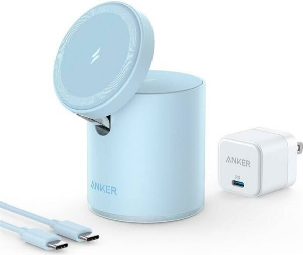 EUFY Anker MagGo - Kabelloses Ladegerät + AC-Netzteil - 7.5 Watt - 2 Ausgabeanschlussstellen - Misty Blue - für Apple iPhone 12