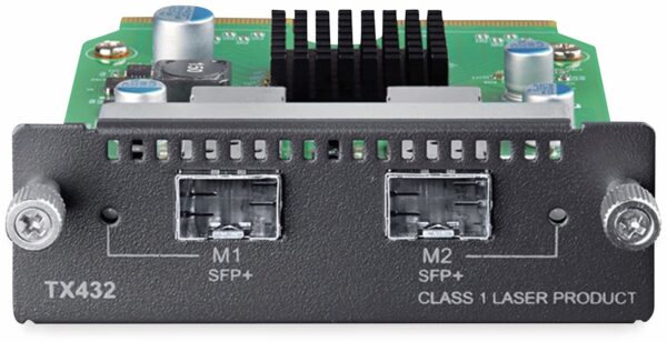 Das 10-Gbit/s-2-Port-SFP+-Modul TX432 von TP-LINK ist eine Interfacekarte mit zwei 10Gbit/s-SFP+-Ports und mit verschiedenen TP-LINK-Switches