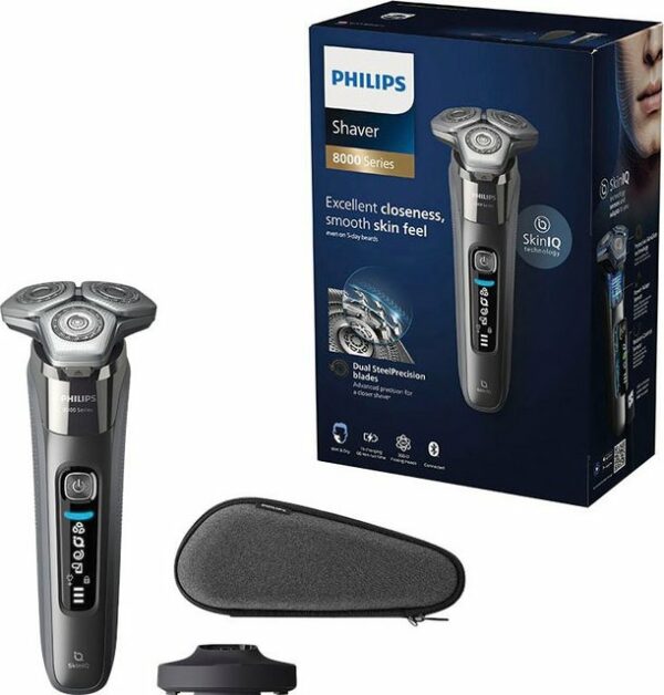 Der elektrische Nass- und Trockenrasierer S8697/35 aus der Philips Shaver Series 8000 mit SkinIQ Technologie überzeugt durch eine hochmoderne Präzision für gründliche Ergebnisse. Ausgestattet mit einer SkinGlide Schutzbeschichtung